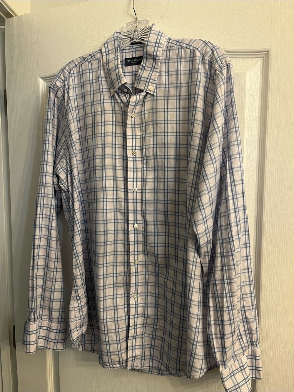 Peter Millar White and Blue Plaid Button-Down Dress Shirt